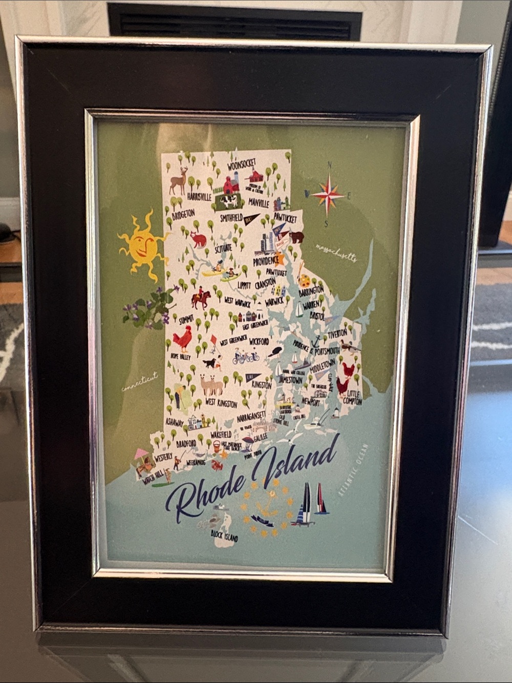 Rhode Island Illustrated Map Wall Art - Black Frame with Silver Trim
